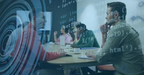 Male at right reviewing code-target overlay in meeting room with laptop, casu 스톡 사진