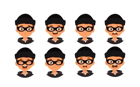Male robber constructor. Man in black mask and hat different emotions and Stock Illustration