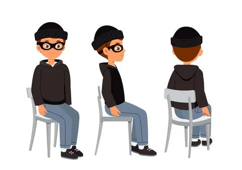 Male robber constructor. Man in black hoodie, mask and hat sit on chair. Kit for Stock Illustration