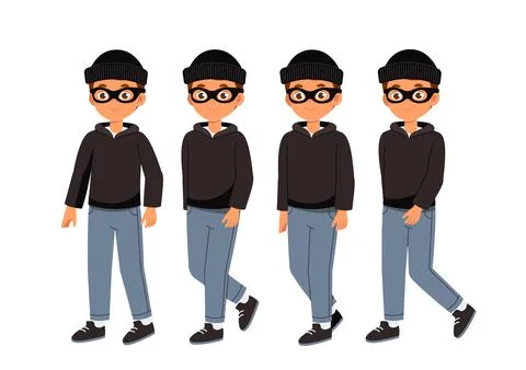 Male robber constructor. Man in black hoodie, mask and hat. Kit for creating Stock Illustration