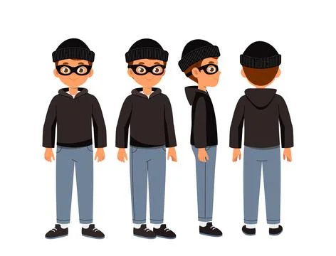 Male robber constructor. Man in black hoodie and hat. Kit for creating cartoons Stock Illustration