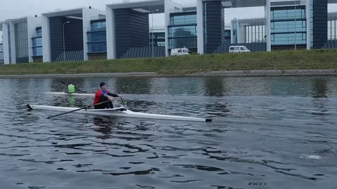Male rower training in single sculls racing boat, Full HD footage Stock Footage 72268299