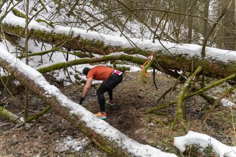 A male runner maneuvers through a snowy, obstacle-filled forest Stock Photos