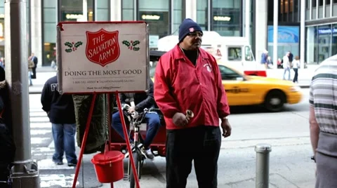 Male at Salvation Army asking for donations Stock Footage