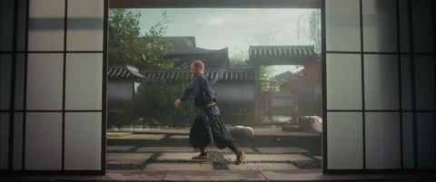 Male Samurai Practice with Sword Stock Footage 321011051