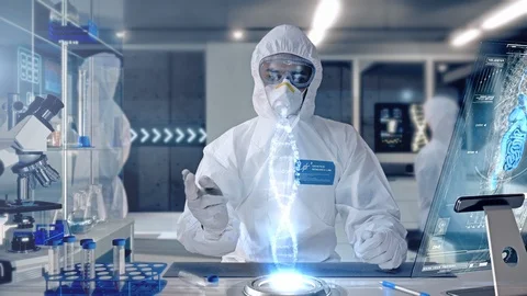 Male Scientist analyzing and interacting with a 3D DNA Molecule Hologram. Stock Footage