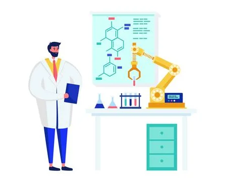 Male scientist with beard analyzing data and robotic arm in lab. Researcher with Stock Illustration