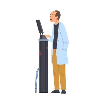 Male Scientist, Engineer or Programmer in White Coat Doing Researches with Stock Illustration