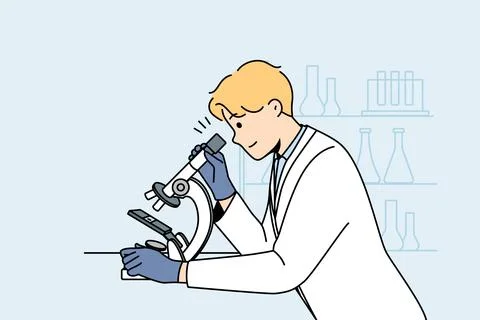 Male scientist examine sample in microscope イラスト素材