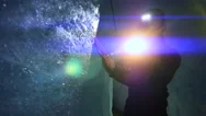 Male Scientist Exploring Ice Glacier Using A Flashlight. Blue Light Beam Stock Footage