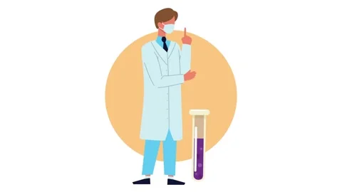 Male scientist with face mask pointing upwards standing next to a laborator.. Stock-Footage 338319082