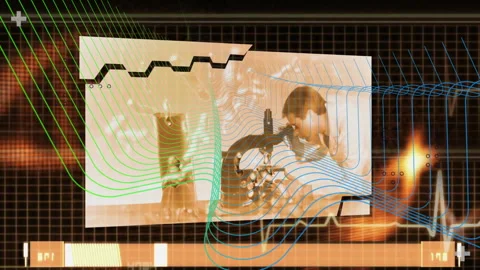 Male scientist leaning through microscope in tech dashboard, showing ECG Stock Footage 307437142