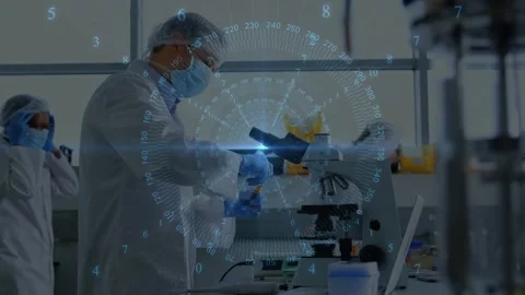 Male scientist placing vial into microscope, focusing in lab, HUD marking sample Stock Footage 331635427