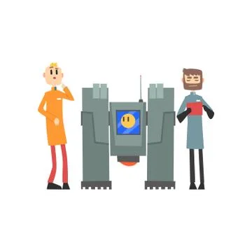 Male scientists working with robotic machine, artificial intelligence technology イラスト素材