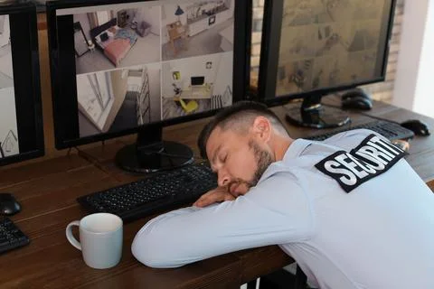 Male security guard sleeping at workplace. CCTV surveillance Stock Photos