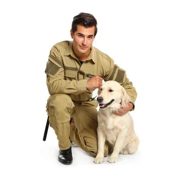 Male security guard in uniform with police dog on white background Stock Photos