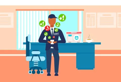 Male security guard worker using mobile application social media concept man in 스톡 일러스트
