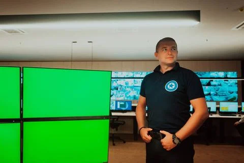 Male security operator working in a data system control room offices Techn... Foto stock