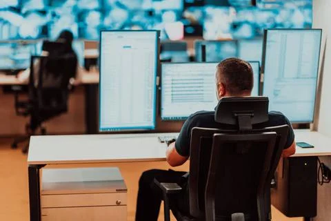 Male security operator working in a data system control room offices Techn... Foto stock
