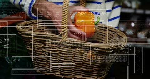 Male shopper checking bell pepper reaching placing into wicker basket to shop Stock Footage 328384237