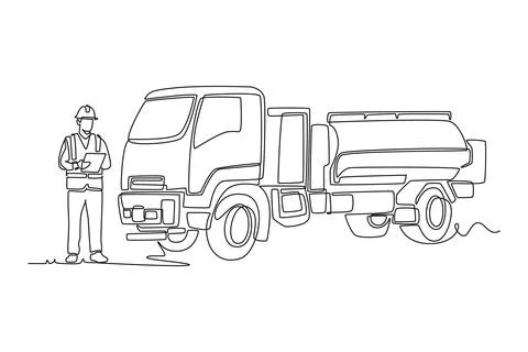 Male site inspector standing next to industrial water tank truck Stock Illustration