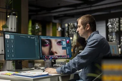 Male skilled editor using AI chatbot turning text prompt into photos Stock Photos