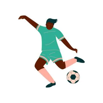 Male Soccer Player Kicking Ball, African American Male Footballer Character in Stock Illustration