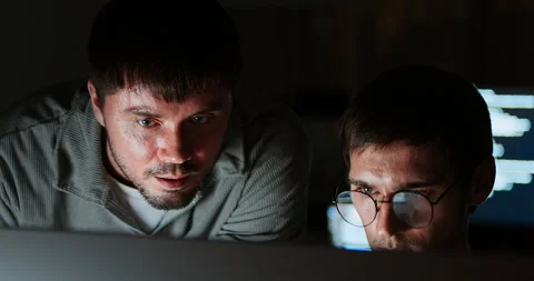 Male software developer work late night, program coding in home office Stock Footage 328600154