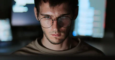 Male software developer work late night, program coding in home office Stock Footage 328600245