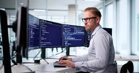 Male Software Engineer Coding At Office Computer Screen For Development. 스톡 사진