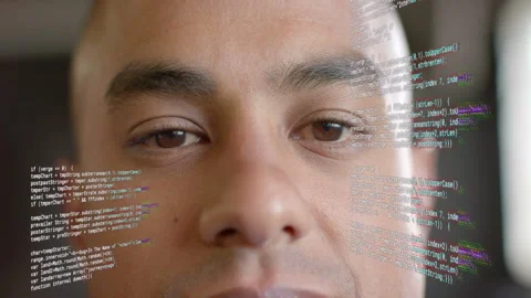 Male software engineer opening eyes as code panels spreading over face studying Stock Footage 333078198