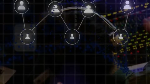 Male sound tech operating mixing console, causing grid forming and nodes Stock Footage 334810855