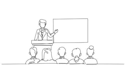 Male speaker at podium with a microphone, presenting to seated colleagues Stock Illustration