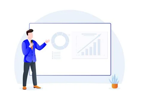 Male speaker speaks standing at presentation screen. Vector illustration of b Stock Illustration