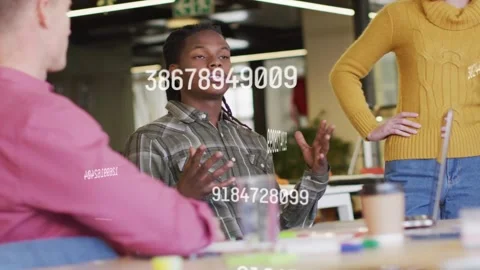 Male speaker starting, gesturing to explain in business meeting, data overlays Stock Footage 334693972