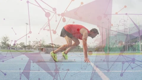 Male sprinter pushing off mat, driving into sprint for start at start line, Stock Footage 333368582
