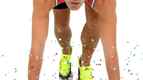 Male sprinter shifting, pushing starting blocks, preparing start in sports, Stock Footage 329701886