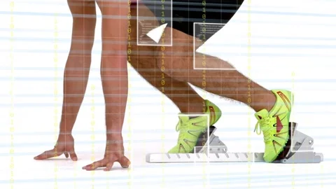 Male sprinter shifting weight and driving out from blocks, sports tech HUD Stock Footage 333704850