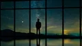 The male standing near panoramic window on a starry sky background. time lapse 4k or 4k+ Resolution