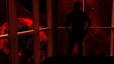 A male stands looking over an outer space scene in this futuristic concept. Stock Footage 112887238
