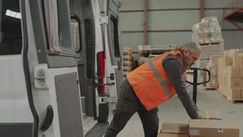 Male Storage Worker Loading Packages into Cargo Van Stock Footage 256066518