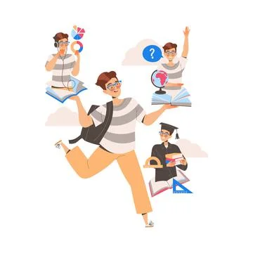 Male Student Character Learning Multitasking Switching Between Different Stockillustratie