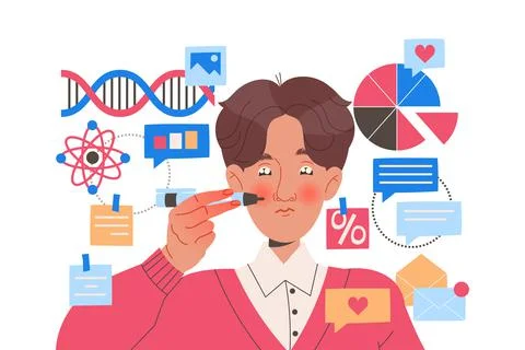 Male Student Character Learning Multitasking Switching Between Different 스톡 일러스트