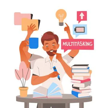 Male Student Character Learning Multitasking Switching Between Different 스톡 일러스트