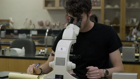 Male student in laboratory using microscope, looking at camera smiling. 스톡 동영상 88015557