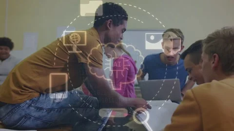 Male student leaning on table and pointing at paper, activating AI cloud overlay Stock Footage 335235575