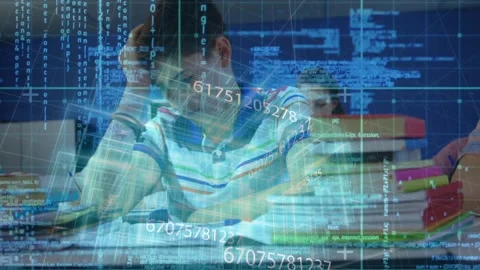 Male student responding to task, leaning, writing in education while floating Stock Footage 331269935