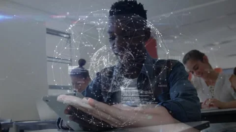 Male student tapping tablet, causing animated code and 3D globe overlaying Stock Footage 330426335