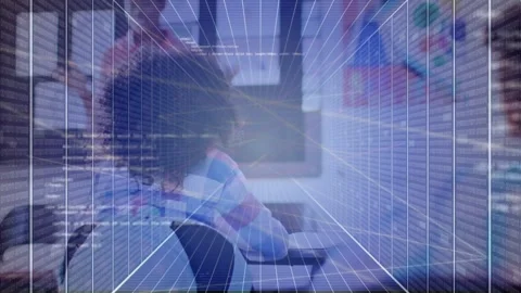 Male student turning to lens after camera shift, 3D grid, light streaks showing Stock Footage 330540853