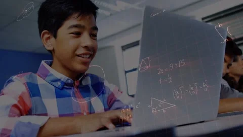 Male student typing at class laptop solving math, equations and triangles Stock Footage 335732026